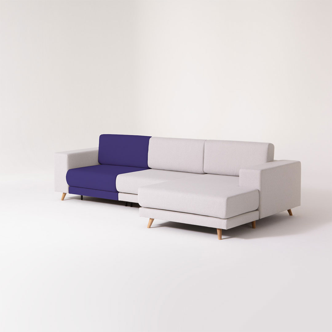 3 seater sofa TYME grey and purple with recamiere by MYCS