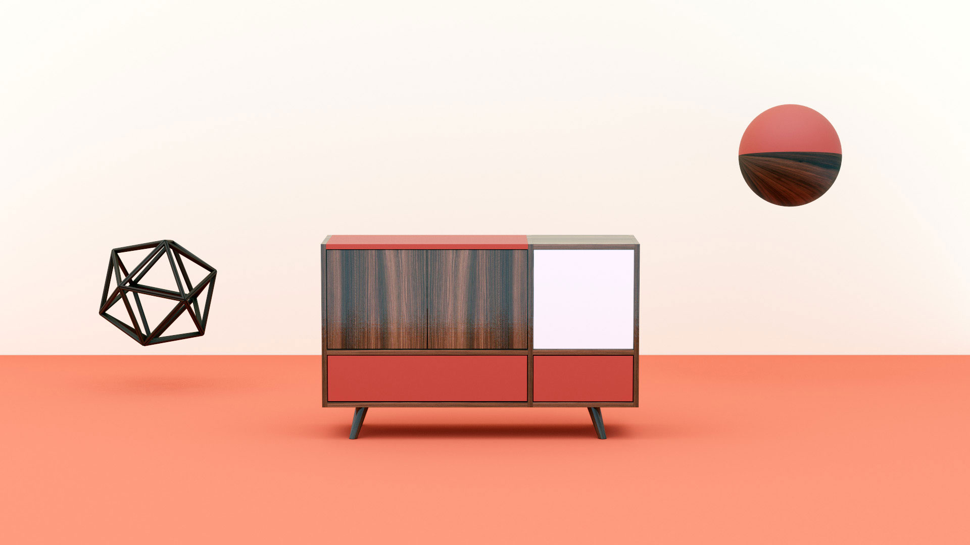 GRYD sideboard in walnut wood and red lacquer